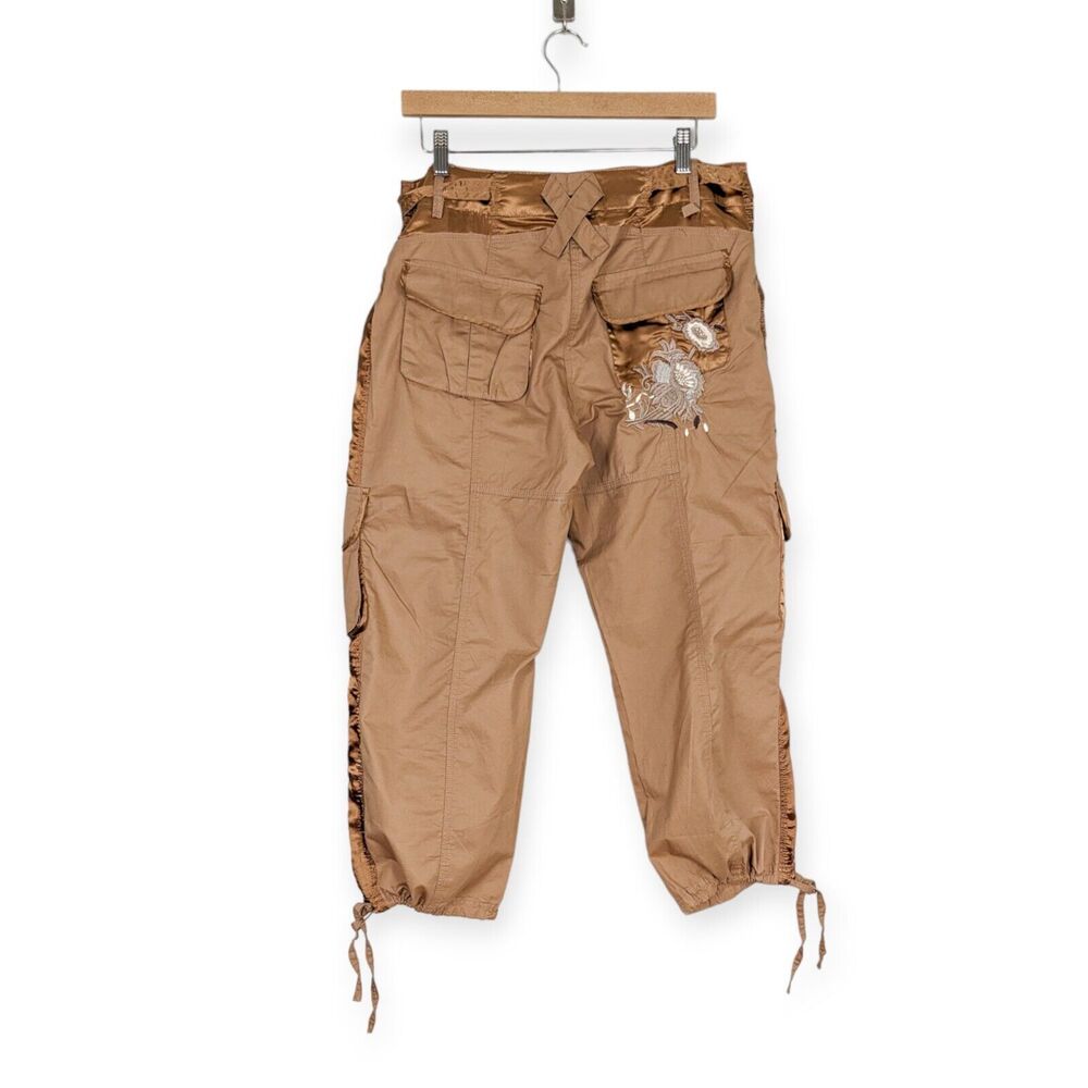 Y2K Cache Cargo Capri Pants 12 Brown Vintage Embroidered Floral Crop Utility - Picture 3 of 16